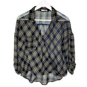 Lush Sheer Black Plaid Long Sleeve Surplice Blouse w/ High Low Hem, Size Medium